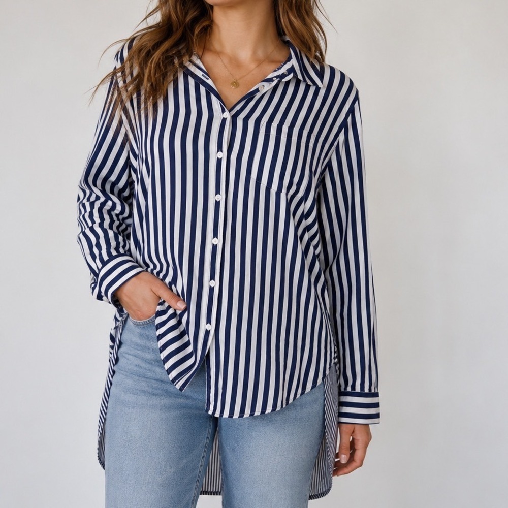Jane + Delancey L Blue White Stripe Rayon‎ Tunic Blouse Coastal Office Women